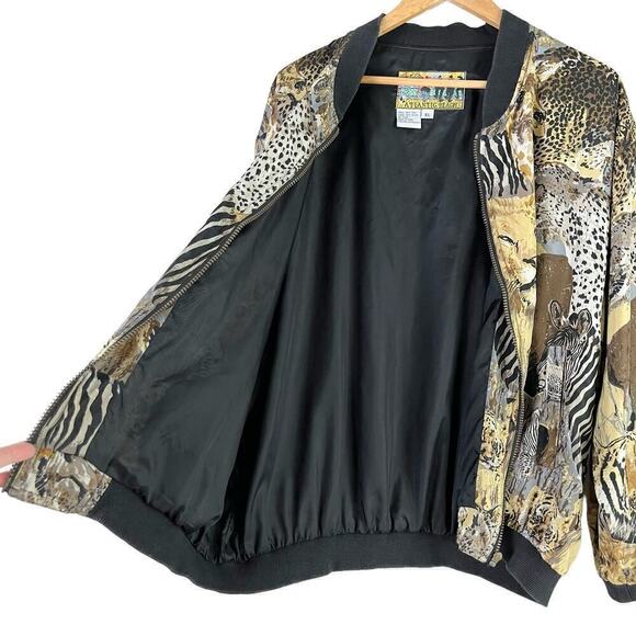 Vintage 80s Atlantic Beach 100% Silk Safari Animal Lightweight Bomber Jacket, XL - Picture 9 of 15